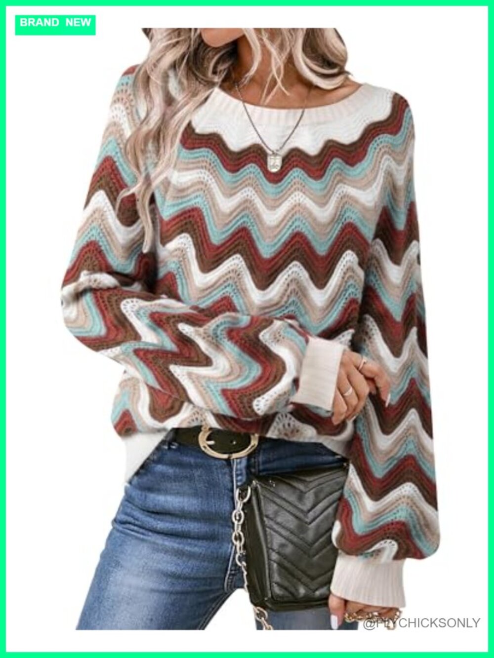 Womens Color Block Lantern Sleeve Crewneck Knit Pullover Sweater
